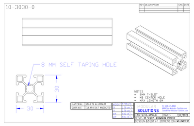 10-3030-0-1000MM MODULAR SOLUTIONS EXTRUDED PROFILE 30MM X 30MM, 6063 T6, CUT TO THE LENGTH OF 1000 MM